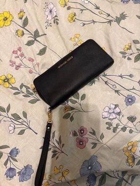 Michael Kors Black Saffiano Zip Wristlet Wallet with Gold Hardware